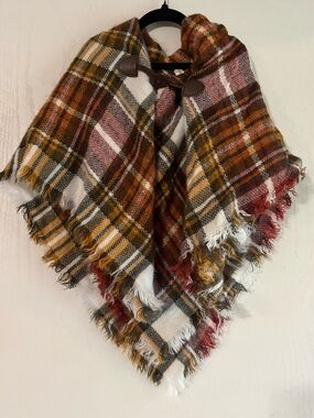 Cracker Barrel Plaid Poncho Cape in Brown, Mustard, White & Red